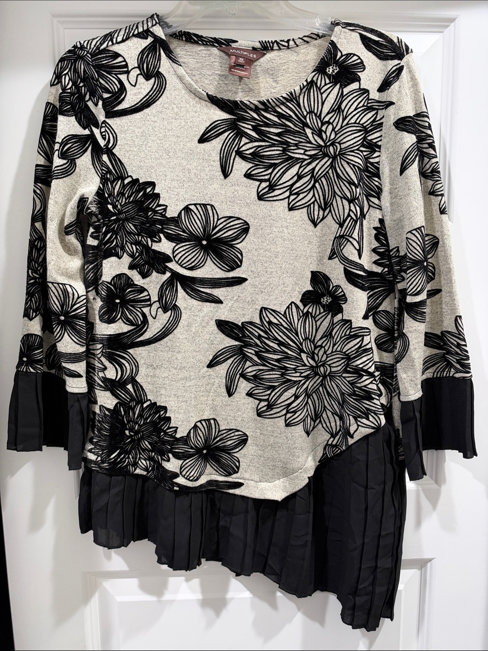 Multiples Black Floral Knit Oversized Tunic with Pleated Hem - Black & Cream